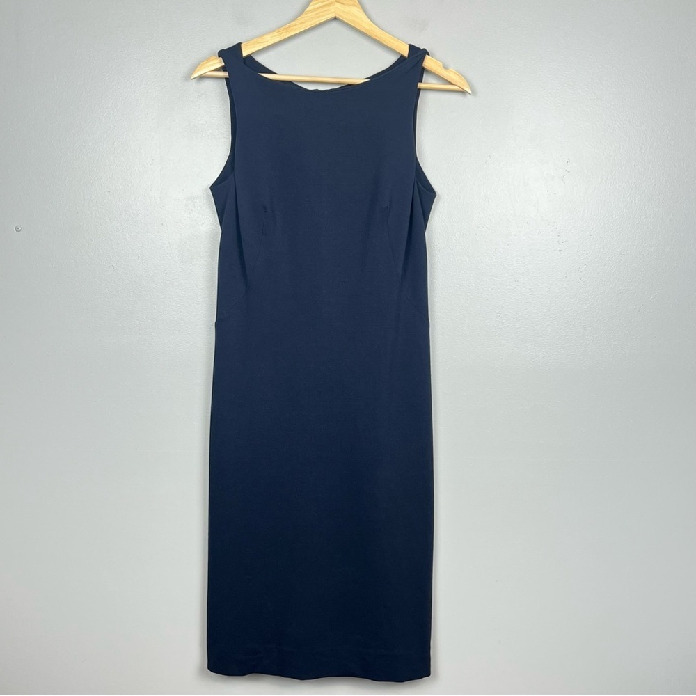 MM Lafleur Navy Sleeveless Twist Shoulder Sheath Dress, Size 10.